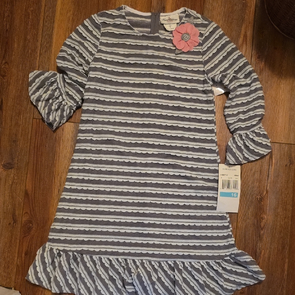 Rare Editions Gray and White Kids Dress with Pink Floral Accent